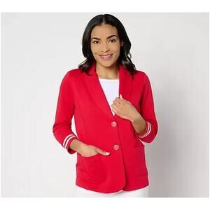 Susan Graver Weekend Marina Knit Blazer w/ Rib Knit Red/White XL A662260